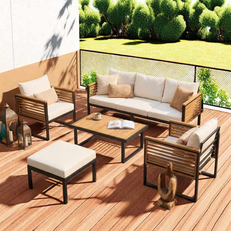 Ensemble de canapé de patio 5 pièces en bois d'acacia et en métal avec coussins, table basse et repose-pieds
