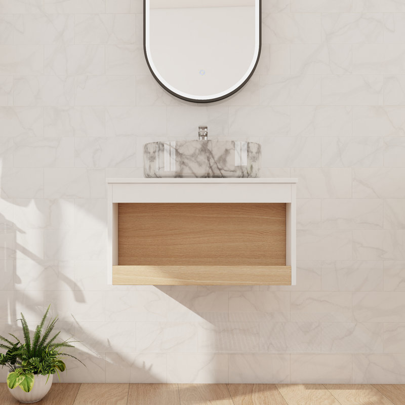 Ensemble de meuble-lavabo mural simple 24 po avec lavabo en céramique et 1 tablette ouverte, L 24 po, Blanc / Gris