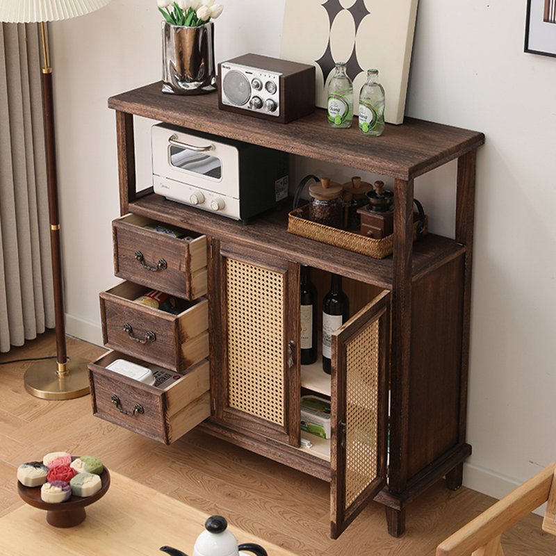 Buffet café foncé + bois massif beige + rotin