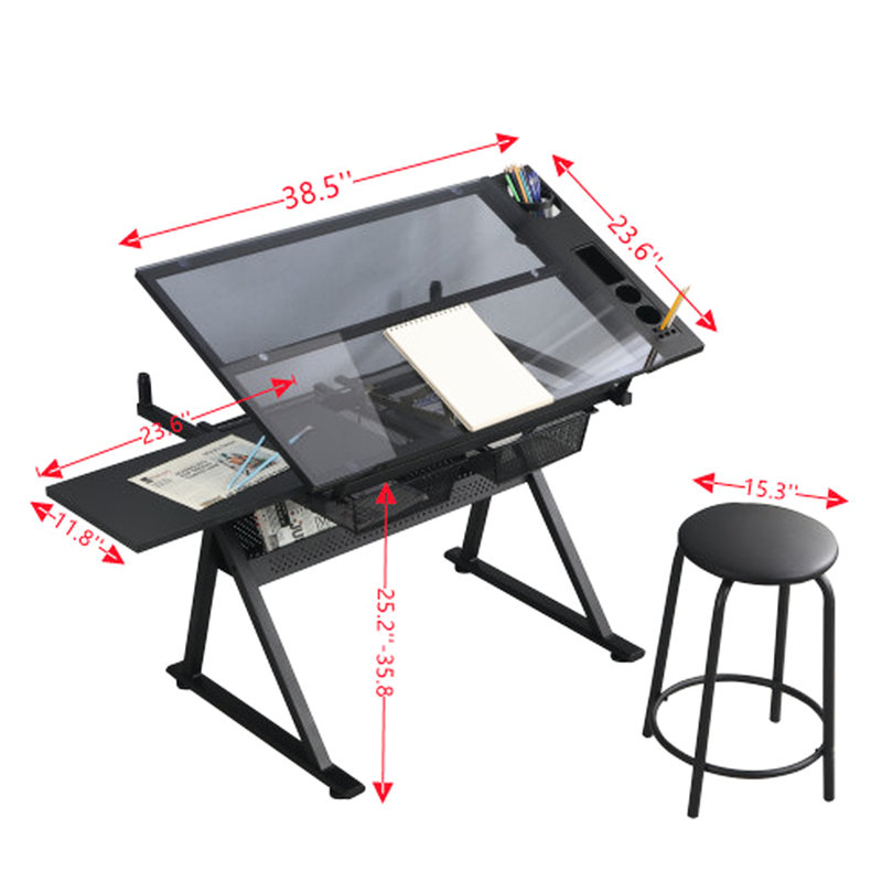 Table de dessin et d'impression avec chaise et rangement en verre trempé de 5 mm d'épaisseur, fini métal noir.