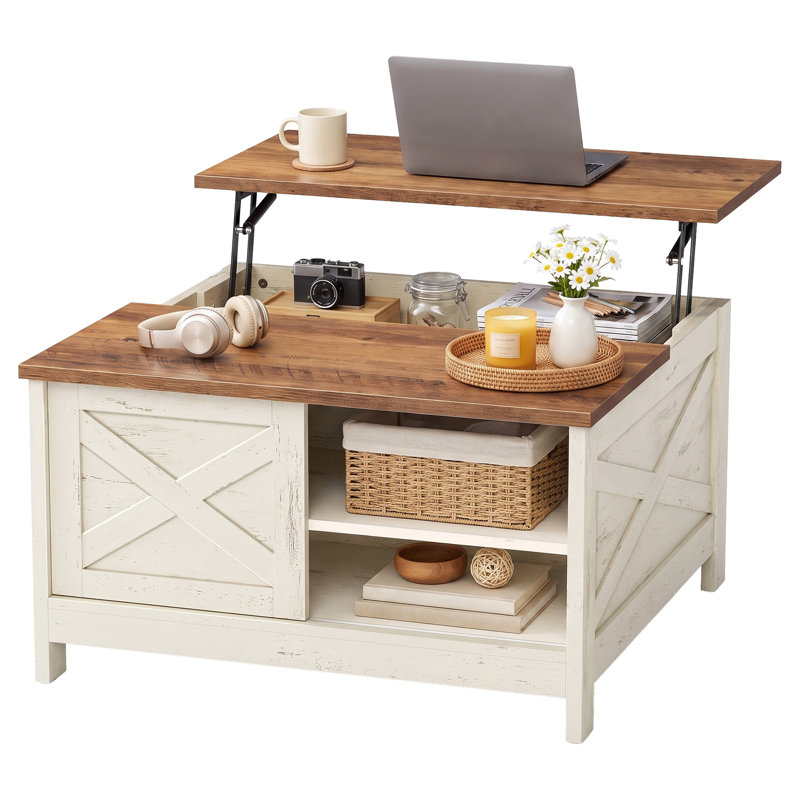 Table basse à plateau relevable Farmhouse, White, Cabinet