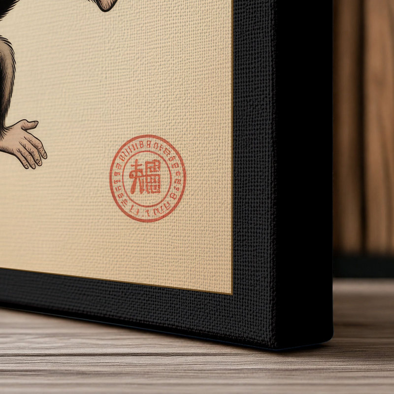 Leaping Chimpanzee Japandi - Wrapped Canvas, 36x24 - 91.4 x 61.0 cm, Black Border