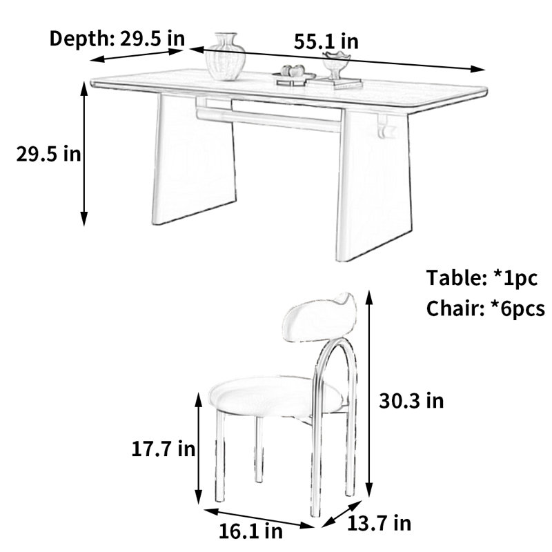 Table et chaise de salle à manger haut de gamme de style antique, H 29,5 po x L 55,1 po x l 29,5 po