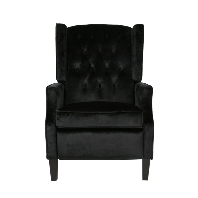 Fauteuil inclinable manuel Octa, velours noir capitonné à oreilles, Mélange de polyester noir