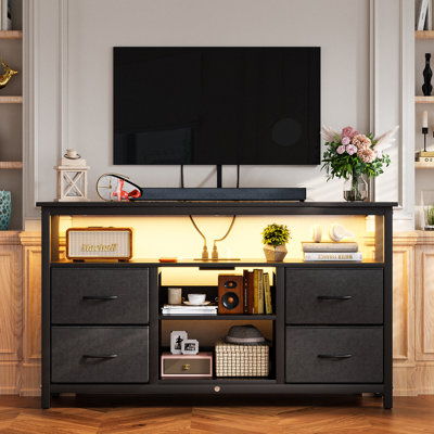 47"W Drawer Dresser, Tv Stand For 55" Tvs with RGB LED Lights & Charging Station - 4 Fabric Storage Drawers