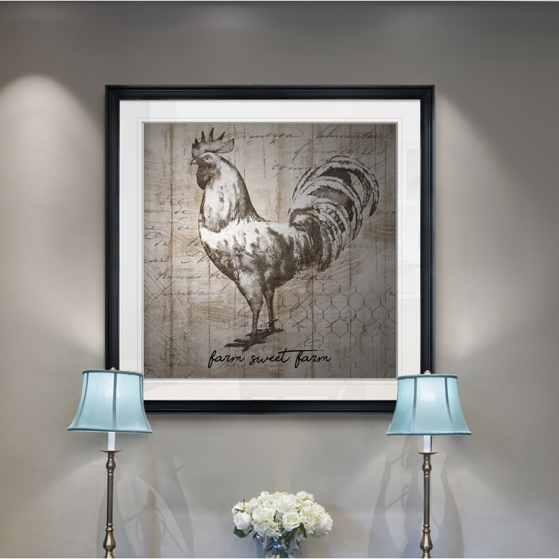 « farm coq », peinture, H 24 po x l 24 po x P 1,5 po, Cadre noir