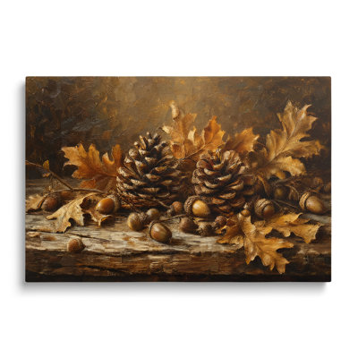 Reproduction sur toile d'un tableau vintage de pommes de pin et de glands - 50 x 75 cm