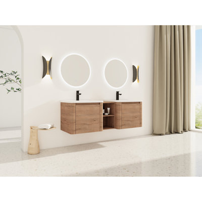 Meuble-lavabo mural de 60 po avec lavabo en céramique blanc, tablettes de rangement et 1 porte à fermeture en douceur, garniture en kd, contreplaqué, finition à surface lisse, base de protection pour trou de trop-plein, porte silencieuse