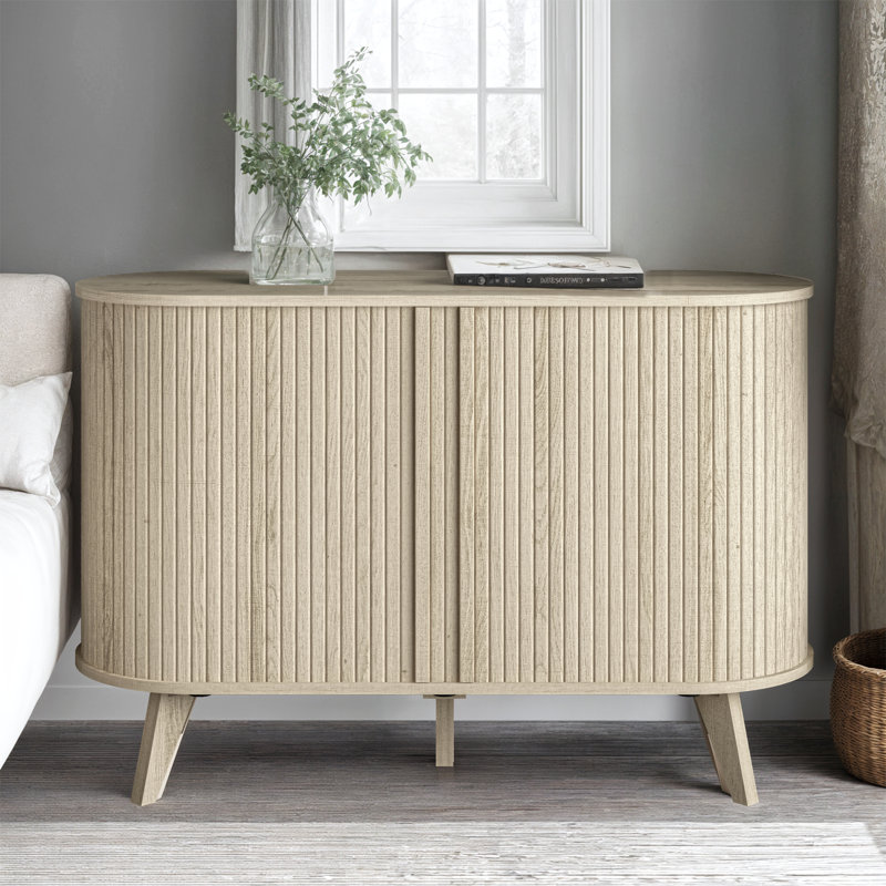 Buffet ovale cannelé moderne avec portes coulissantes de 42,1 po Aurel, Beige