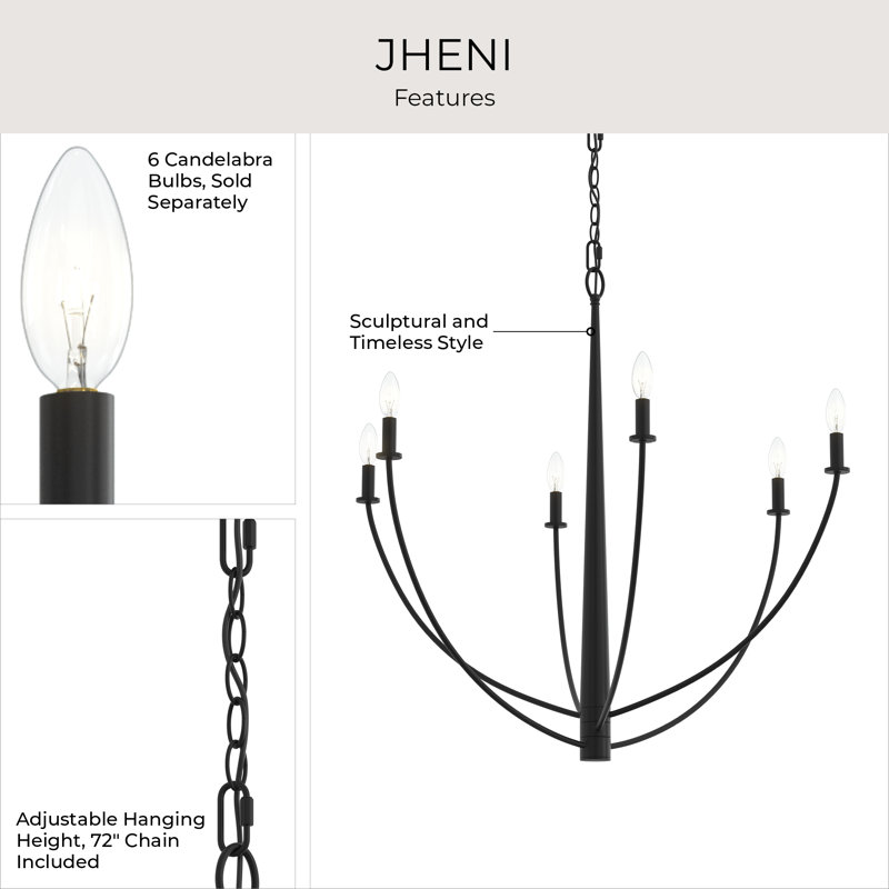 Jheni Six-Light Matte Black Chandelier, Matte Black, 34