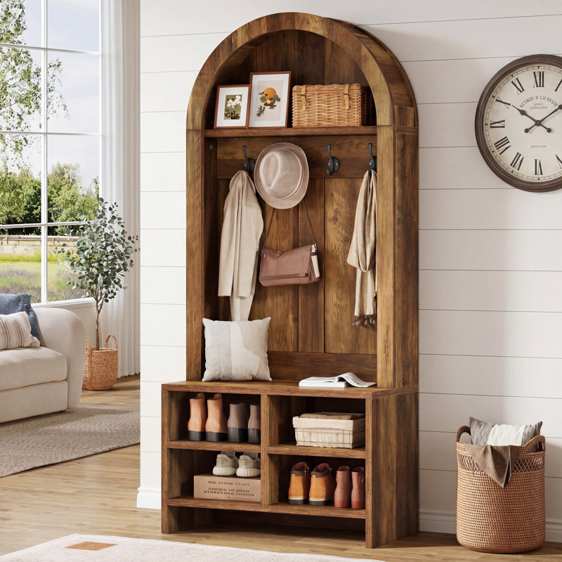 Portemanteau 4 en 1 avec banc et rangement pour chaussures, portemanteau arqué H 70,87 po avec banc de rangement pour chaussures, 4 crochets et casiers de rangement, pour vestibule, couloir