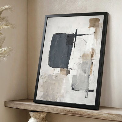 Modern Abstract Abstract forms: Dominant dark gray shape with beige and white accents, Modernist painting style. 24" x 36" Framed Canvas Wall Art in Black Wood Frame