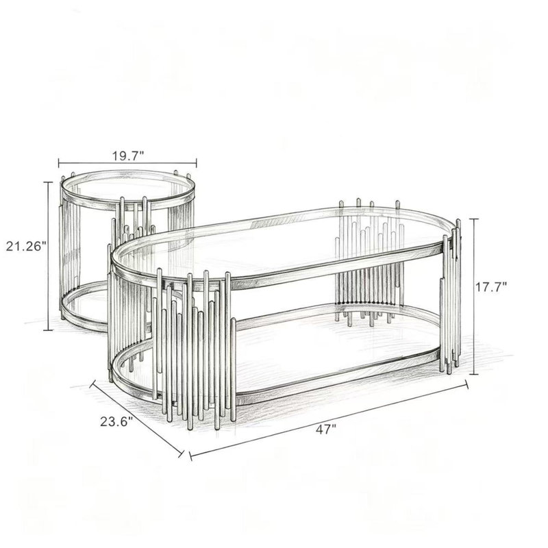 Ensemble de 2 tables basses et tables de bout gigognes, tables d'appoint ovales en verre trempé de luxe moderne avec structure en métal à tige verticale, finition chrome poli pour le bureau du salon