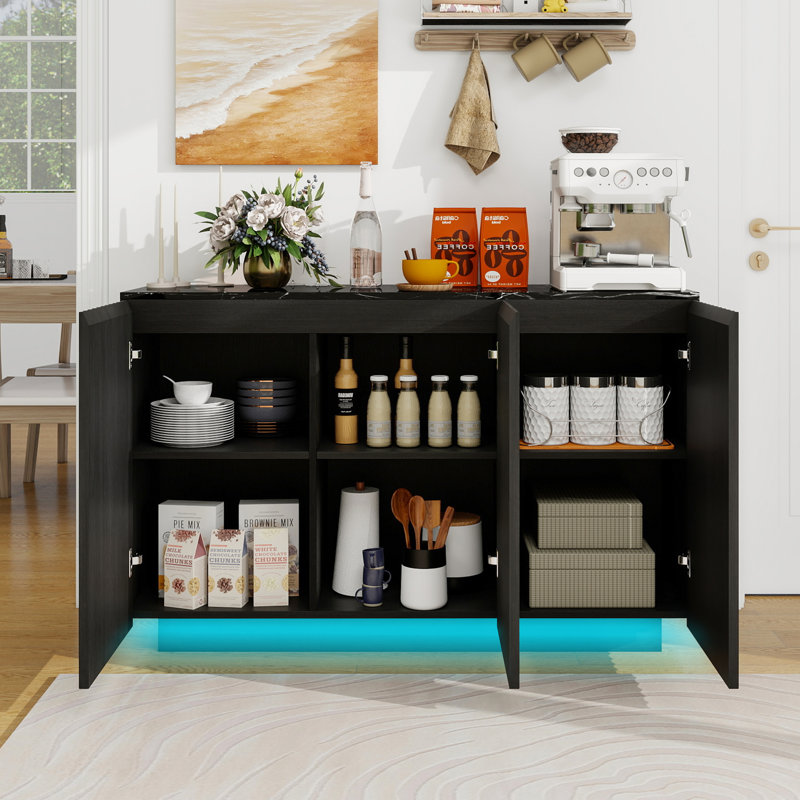 3-Door Buffet Sideboard Storage Cabinet with Adjustable Shelves , LED Lighting and Charging Station for Dining Room Living Room
