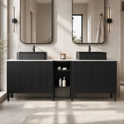 Meuble-lavabo double 72 po avec lavabo rayé noir, comptoir blanc Carrara, 2 armoires, tablette, fermeture en douceur