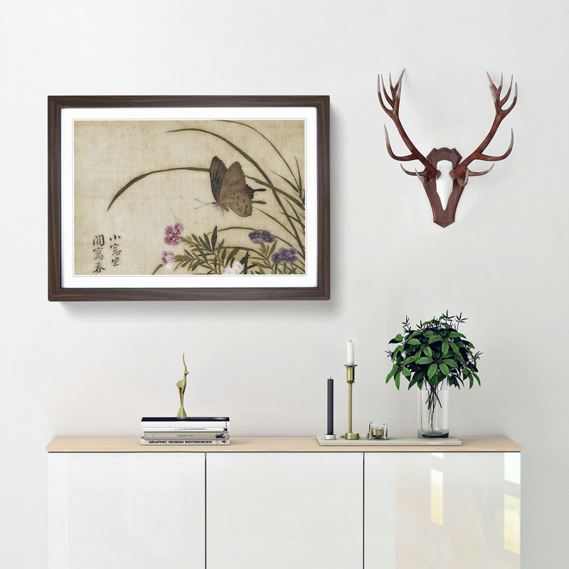 Butterfly & Flowers by Yun Shouping - Picture Frame Art Print, 36cm H x 48cm W x 2cm D, Walnut Framed