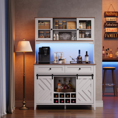 72" Sliding Barn Door High Bar Cabinet Farmhouse, Large Kitchen Buffet with Hutch Wine Storage, Charging Station, 2 Drawers, 8 Storage Shelves, LED Rustic Coffee Bar for Dining, White