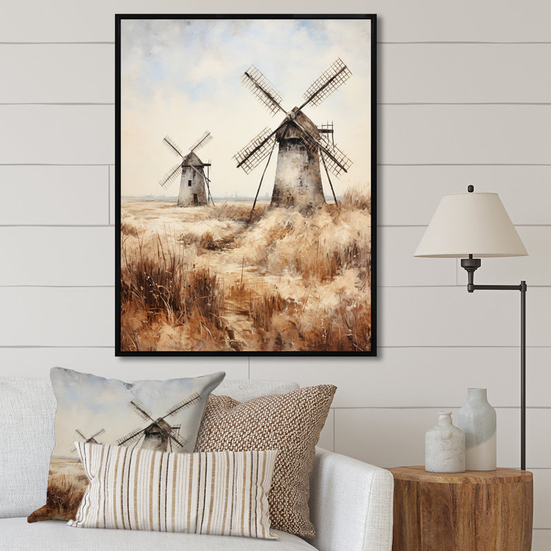 «Vintage Windmill Sepia View II - Wind Turbines», art mural, Cadre flottant noir, H 32 po x l 24 po