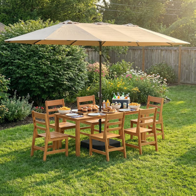 Ensemble repas d'extérieur 7 pièces en PEHD avec parasol de patio lumineux 15 pi | Confort toutes saisons pour le jour et la nuit