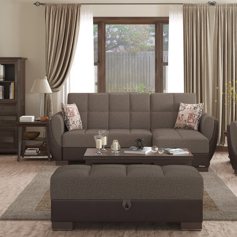 Clemmer Fabric Upholstered Ottoman with Storage, Brown/Dark Brown Polyester