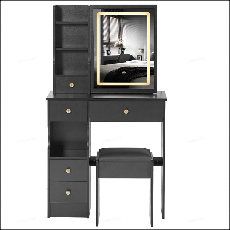 Ensemble de coiffeuse compact et polyvalent avec miroir à DEL avancé et rangement spacieux, Noir