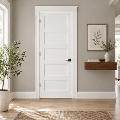 Primed 5-Paneled Solid Manufactured Wood Slab Door Without Frame and Hardware Kit