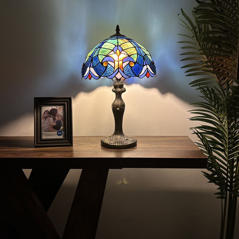 Nioclas Blue and Green Stained Glass Table Lamp with Bronze Base