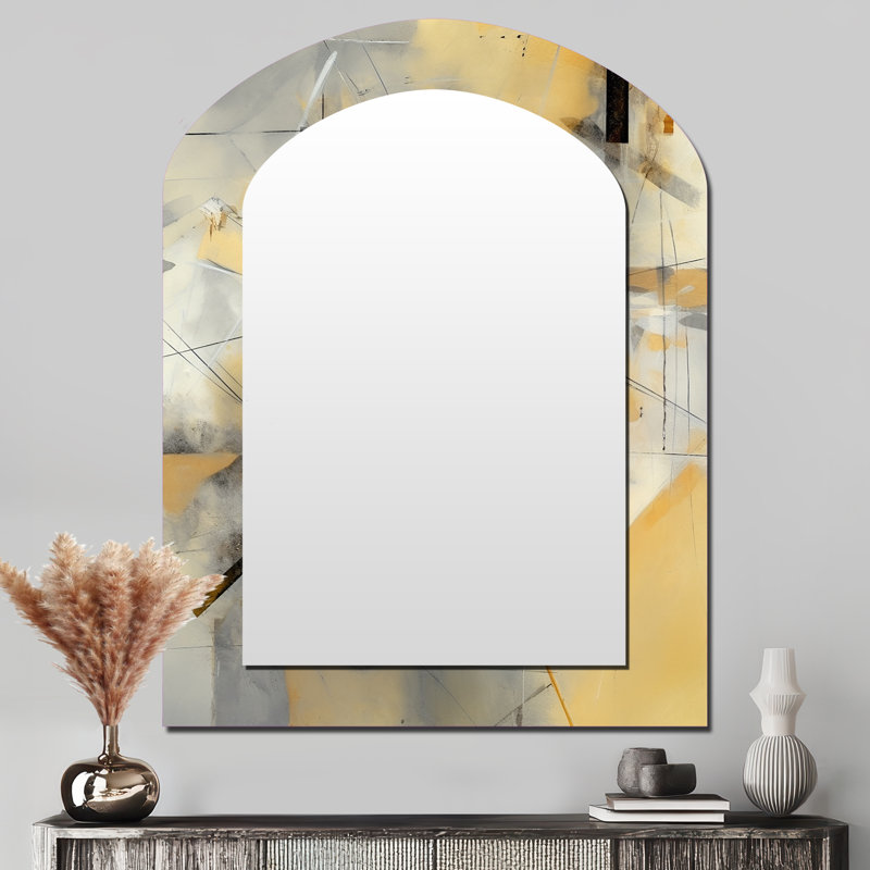 Jaune et gris au-delà de la toile II - peinture abstraite grand miroir mural, miroir asymétrique moderne unique, impression d'art en métal
