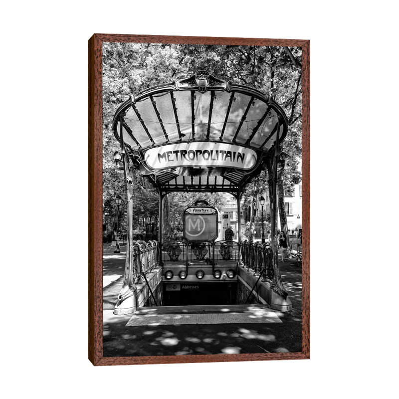 Black Montmartre Series - Abbesses Metropolitain by Philippe Hugonnard - Print on Canvas, Classic Brown Wood Floater Framed
