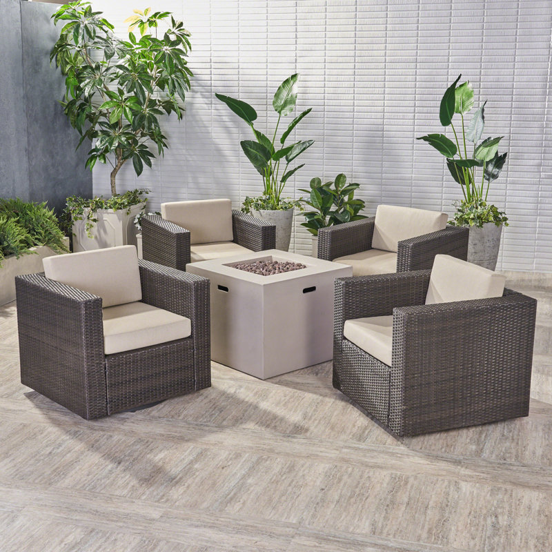 Ensemble de conversation avec canapé en rotin 5 pièces Arwa, Structure brun foncé / coussin beige