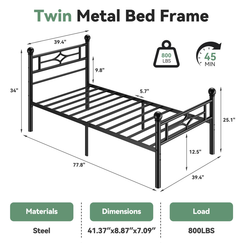 Titan Twin Bed Frame With Headboard And Footboard, Metal Platform Bed Frame With Round Corner Ball, 800 LBS Heavy Duty Steel Slats Support, No Box Spring Needed/Noise-Free/Easy Assembly, Black