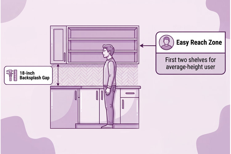 illustrated diagram showing the height of upper cabinets being within reach and 18 inches above the bottom cabinets for backsplash gap