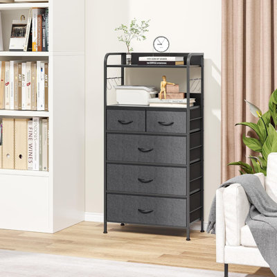 Slim Tall Dresser with Metal Frame, Wood Top, Open Shelf & Hooks Chest Organizer