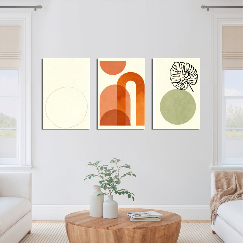 Abstrait, formes géométriques abstraites et feuille de Monstera, impression sur toile, ensemble minimaliste moderne (ensemble de 3)
