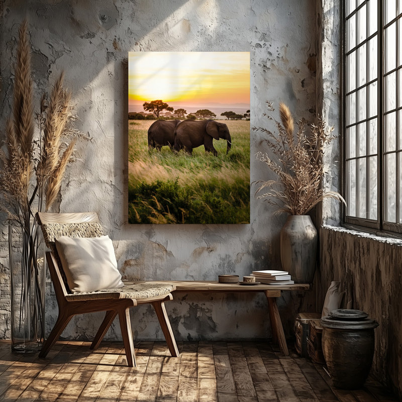 Reproduction d'art sur toile, "Une scène de coucher de soleil sereine dans une vaste savane avec deux éléphants"