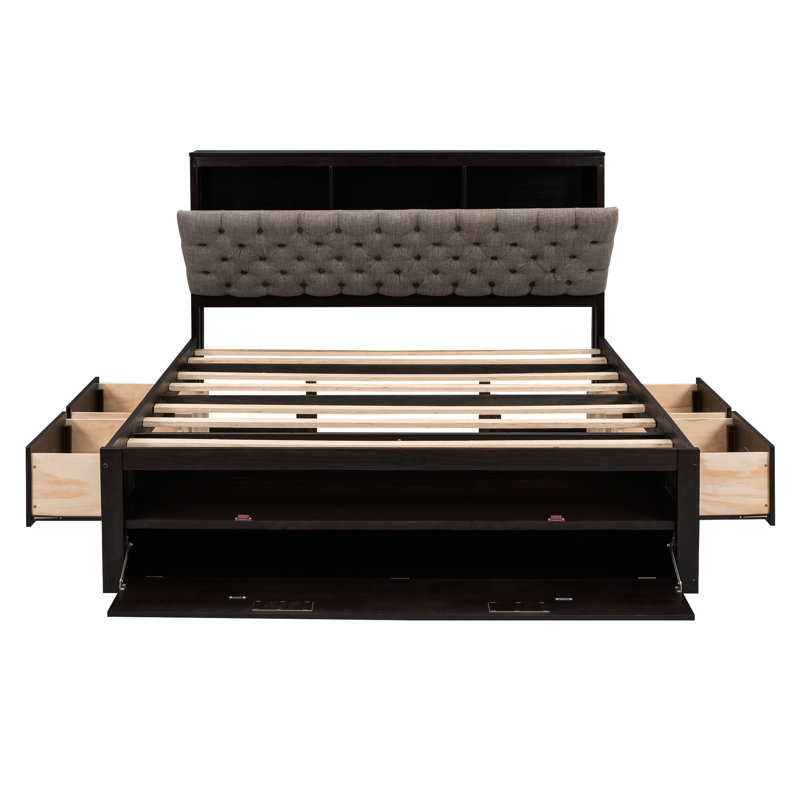 Grand lit en bois avec rangement pour tête de lit, 4 tiroirs, étagère à chaussures, Espresso