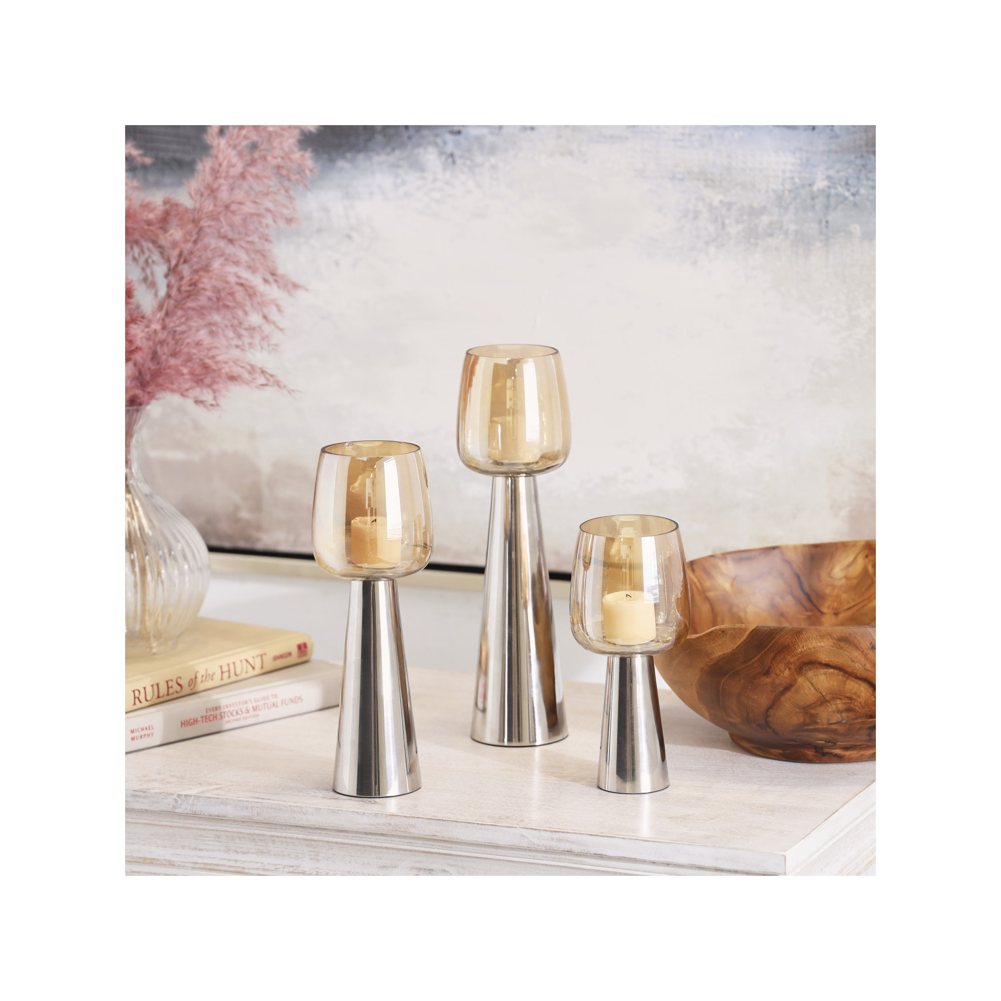 Merriweather 3 Piece Tabletop Candle Stand Set, Polished Silver