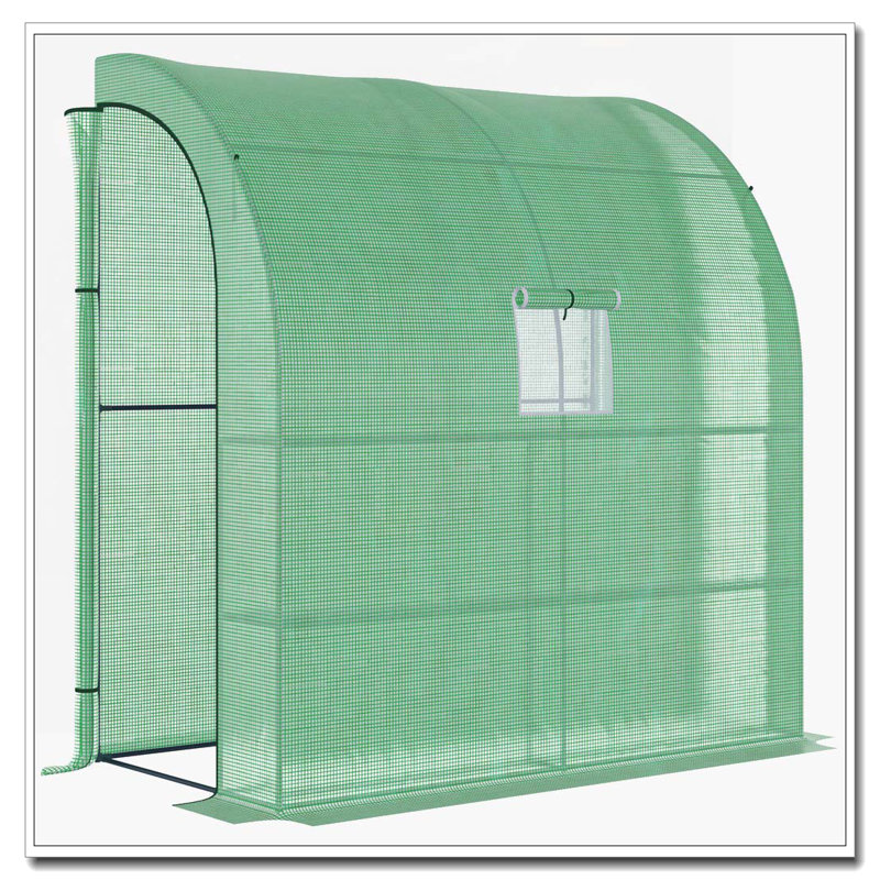 Outsunny 7' x 3' x 7' Lean to Greenhouse, Walk-In Green House, Plant Nursery with 2 Roll-up Doors and Windows, PE Cover and 3 Wire Shelves, Green