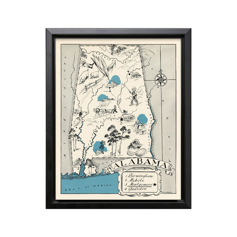 Carte illustrée de l'Alabama, Cadre noir, Canevas, H 11 po x l 14 po