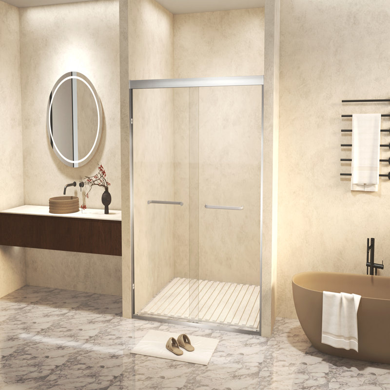 Tempered Glass With Explosion Proof Film, Aluminum Frame Material Double Sliding Opening Shower Door  - "1/4 (6 Mm), Stainless Steel Handle