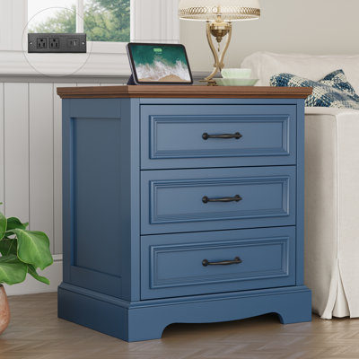 Table de chevet Farmhouse avec station de charge, table de bout large avec 3 grands tiroirs pour l'armoire de rangement moderne pour table de chevet, petite commode en bois pour le salon, le placard, le couloir, le bureau, bleu foncé