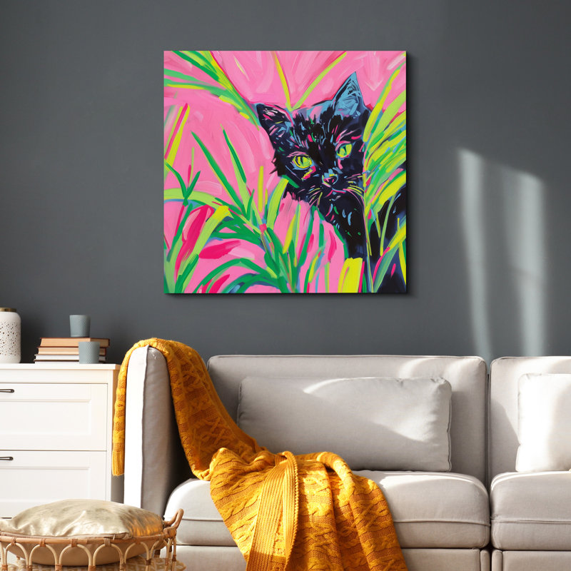 Chat noir caché derrière l'herbe, Toile tendue, H 12 po x l 12 po