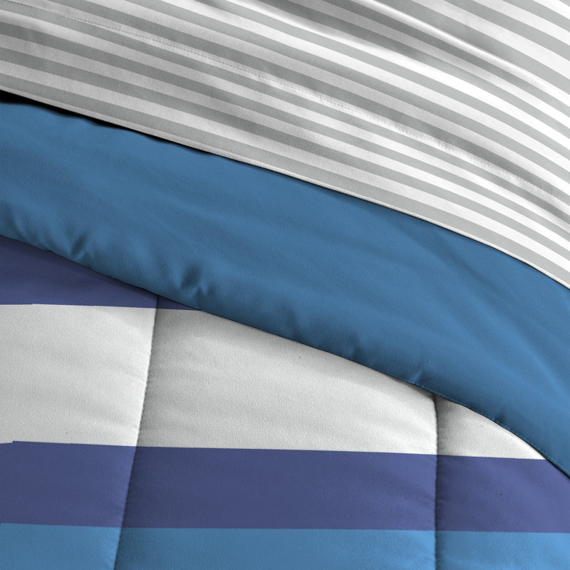 Twin Blue Rugby Stripe Microfiber Bed in a Bag Set