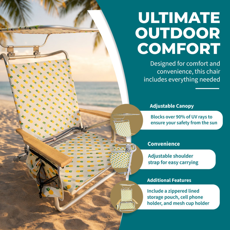  Chaise de plage pliante, fauteuil inclinable avec auvent, ananas
