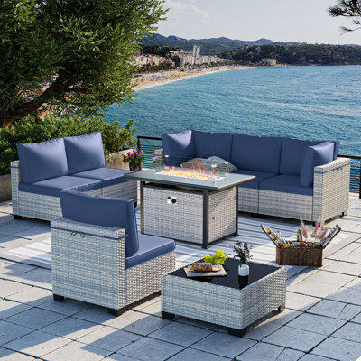 8-Piece Patio Furniture Set, Outdoor Patio Furniture with 55,000 BTU Fire Pit Table, Thick Cushions, Modular Patio Sofa, Dual-Strand Wicker Rattan, Rust-Resistant Frame