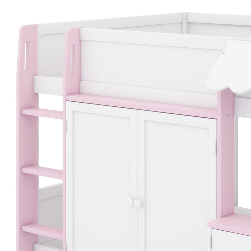Lit Creative Cabin avec aire de jeu amusante et vaste espace d'organisation sous le lit, Blanc + rose
