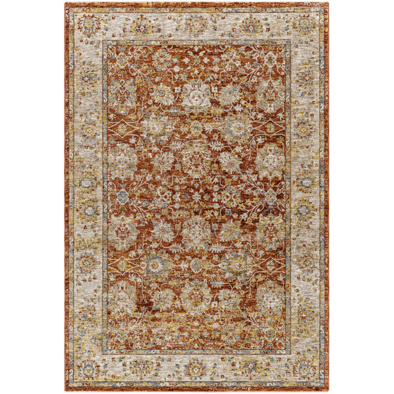 Tapis oriental en polyester tissé à la machine en rouille / rouge, Rond 5 pi 3 po
