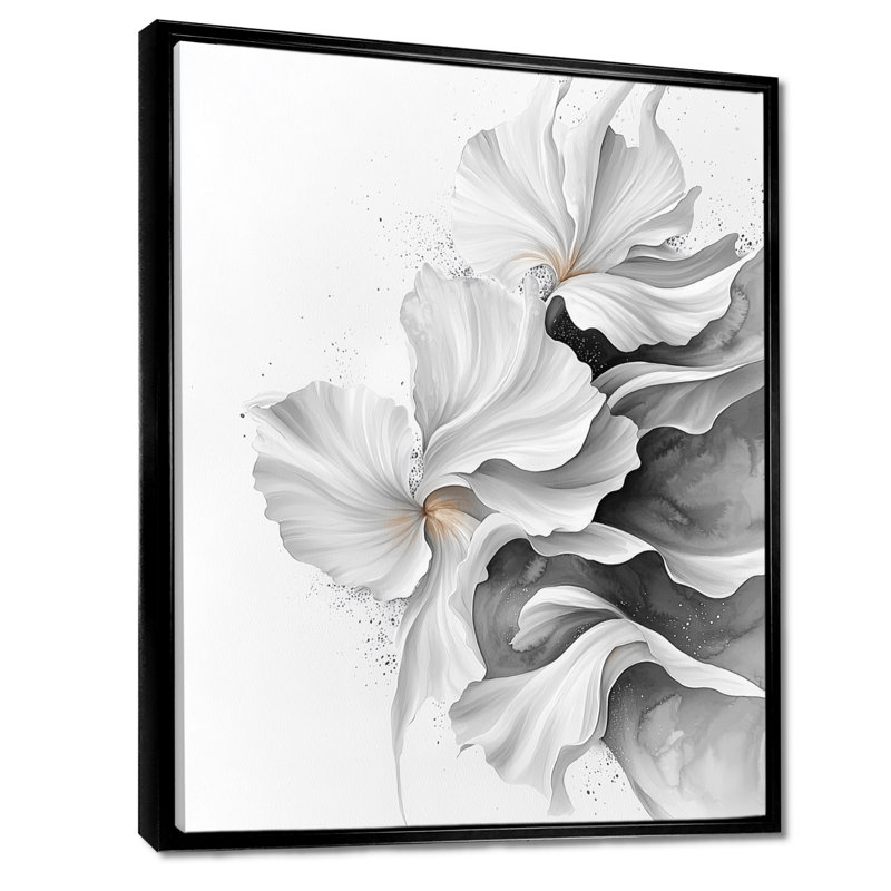 Velours blanc, gris, noir, fleurs abstraites - Fleurs, art mural, H 44 po x l 34 po, Reproduction avec cadre flottant, Noir