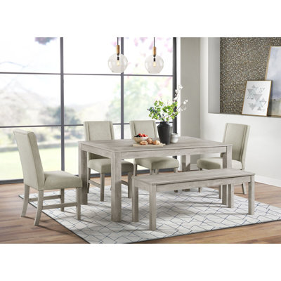 Picket House Furnishings Holmes 6PC Standard Height Dining Set In White-Rectangular Table, Four Chairs & Bench