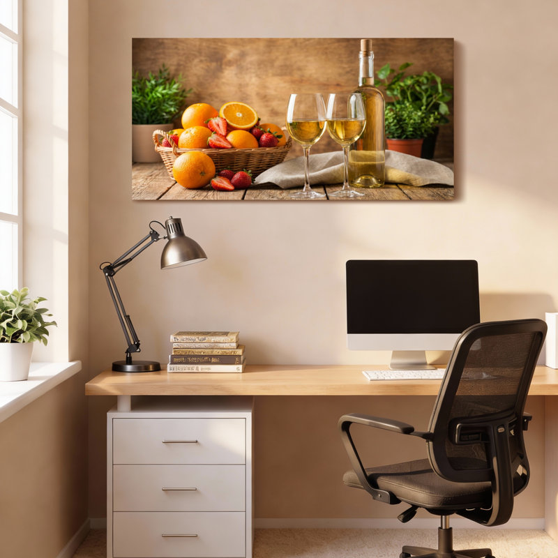Nature morte aux fruits et au vin, toile tendue sur châssis, ensemble de 1, H 16 po x l 32 po